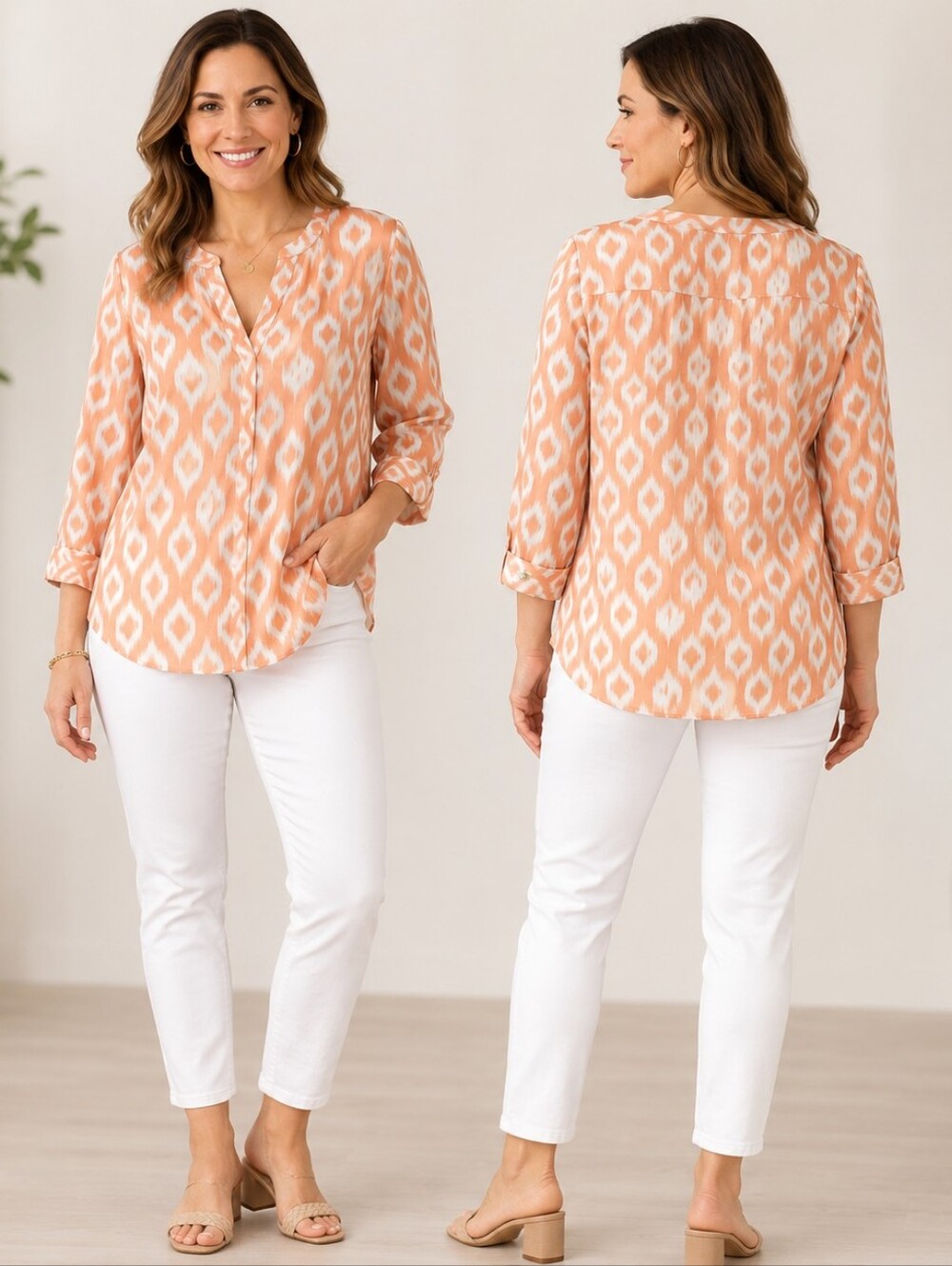 Chico’s Size 2 (Approx. L/12) Coral & White Ikat Print Blouse Coastal Chic Boho